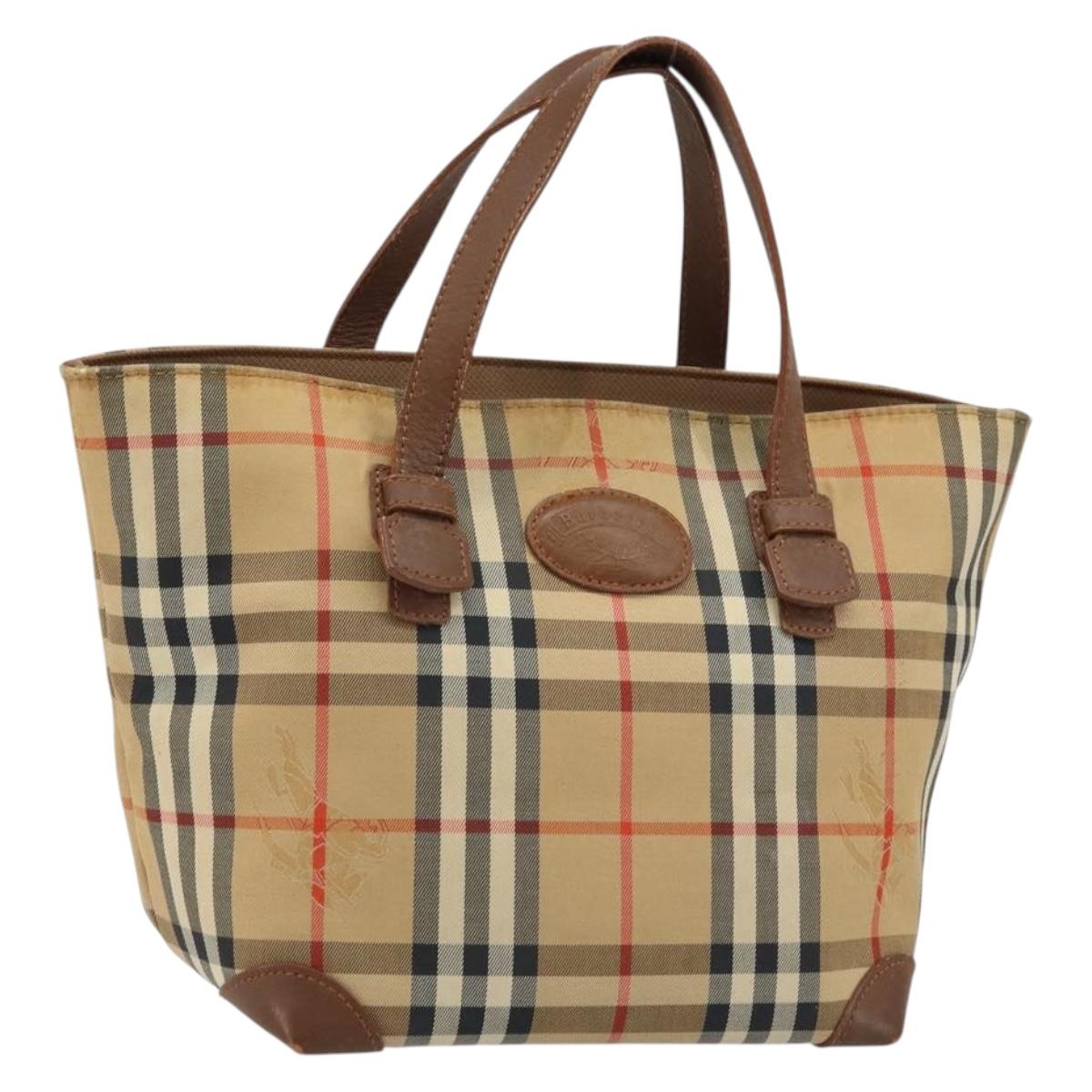 Burberrys Nova Check Hand Bag Canvas Beige Gold Auth 172901