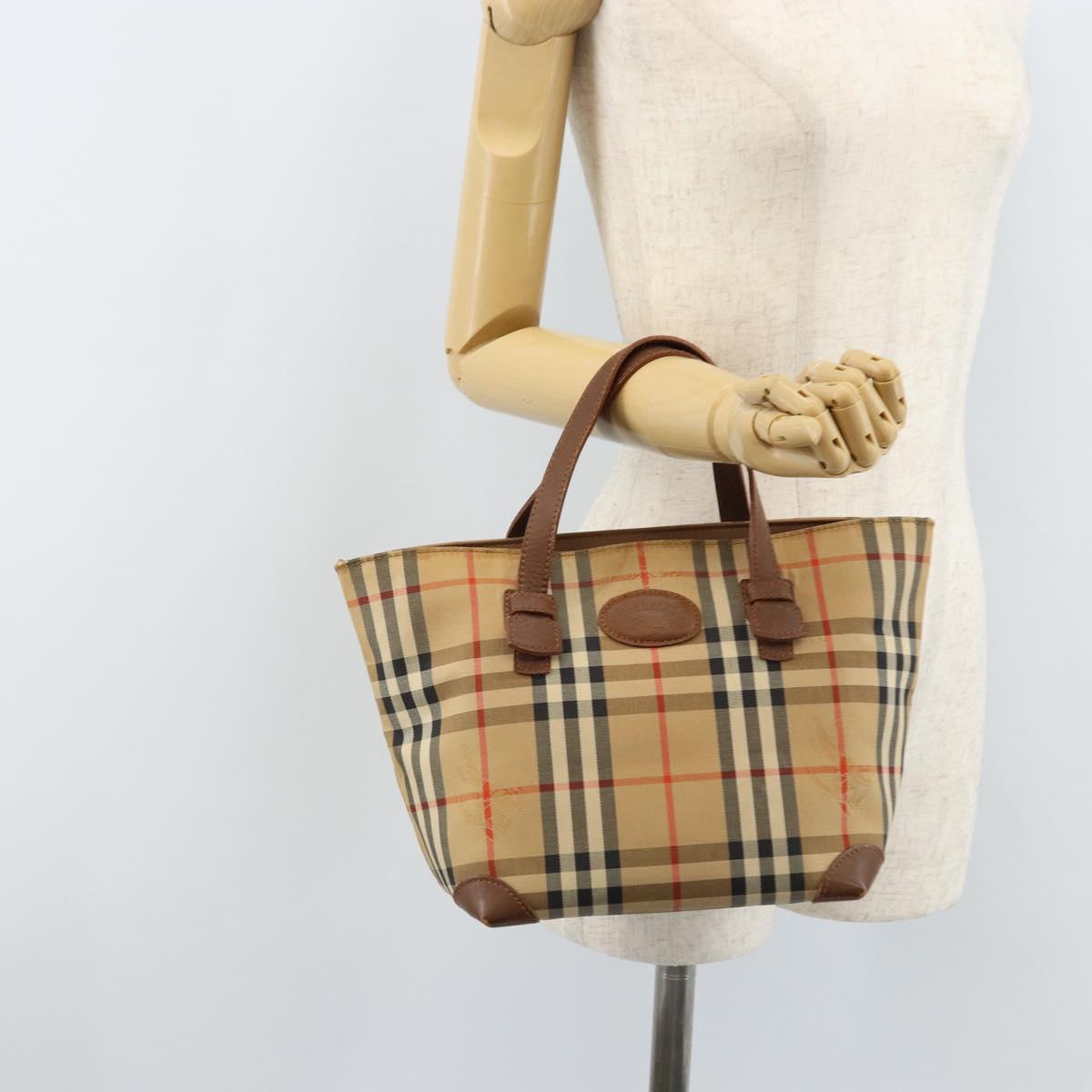Burberrys Nova Check Hand Bag Canvas Beige Gold Auth 172901