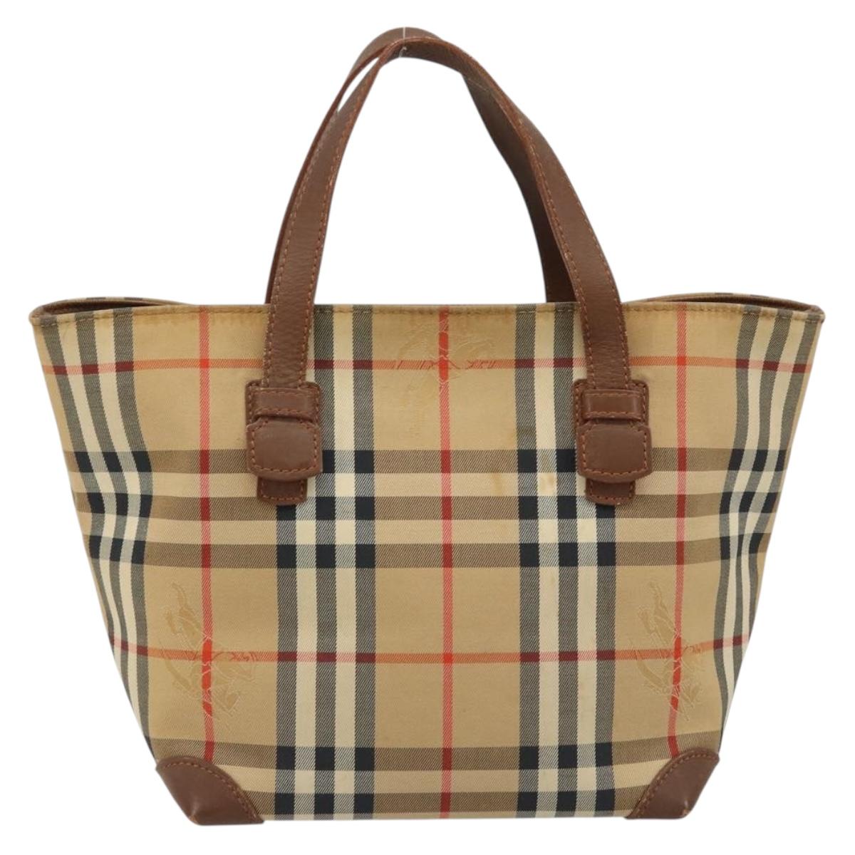 Burberrys Nova Check Hand Bag Canvas Beige Gold Auth 172901