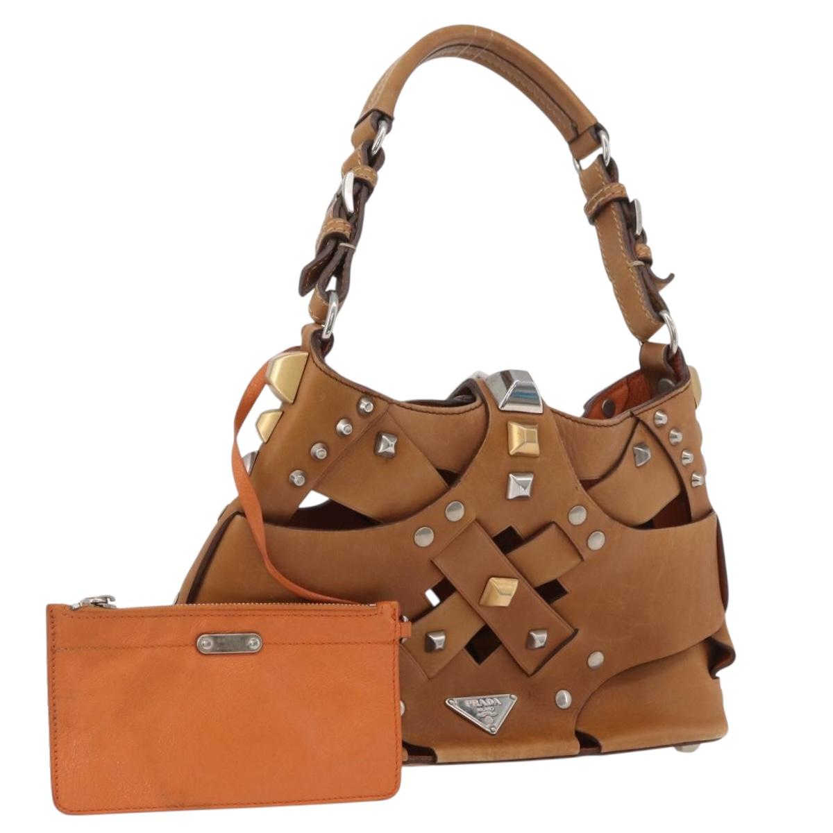 PRADA Studs Shoulder Bag Leather plastic Brown Silver Auth 172906SAV