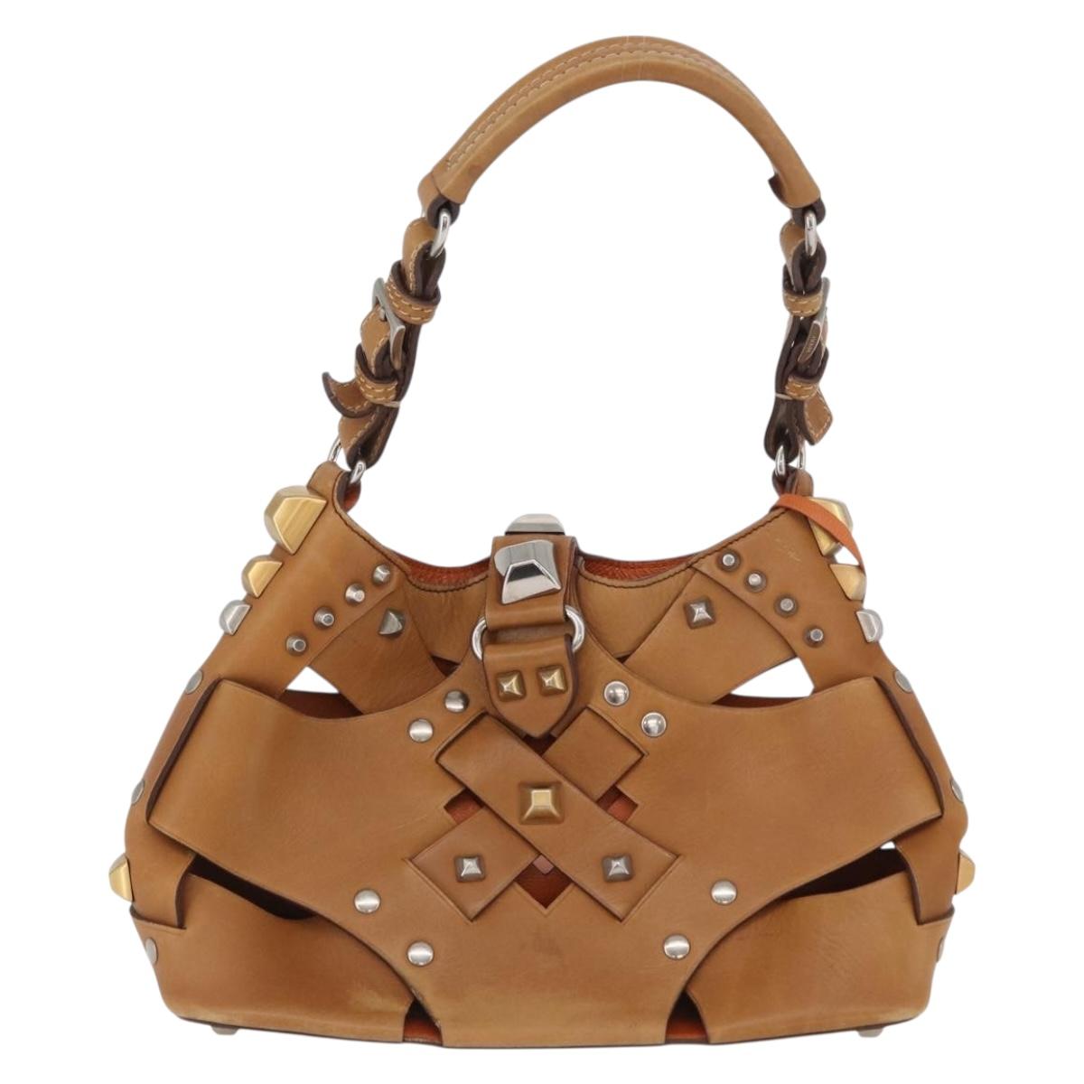 PRADA Studs Shoulder Bag Leather plastic Brown Silver Auth 172906SAV