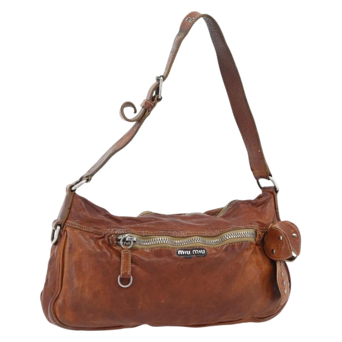 Miu Miu Shoulder Bag Leather Brown Silver Auth 172955