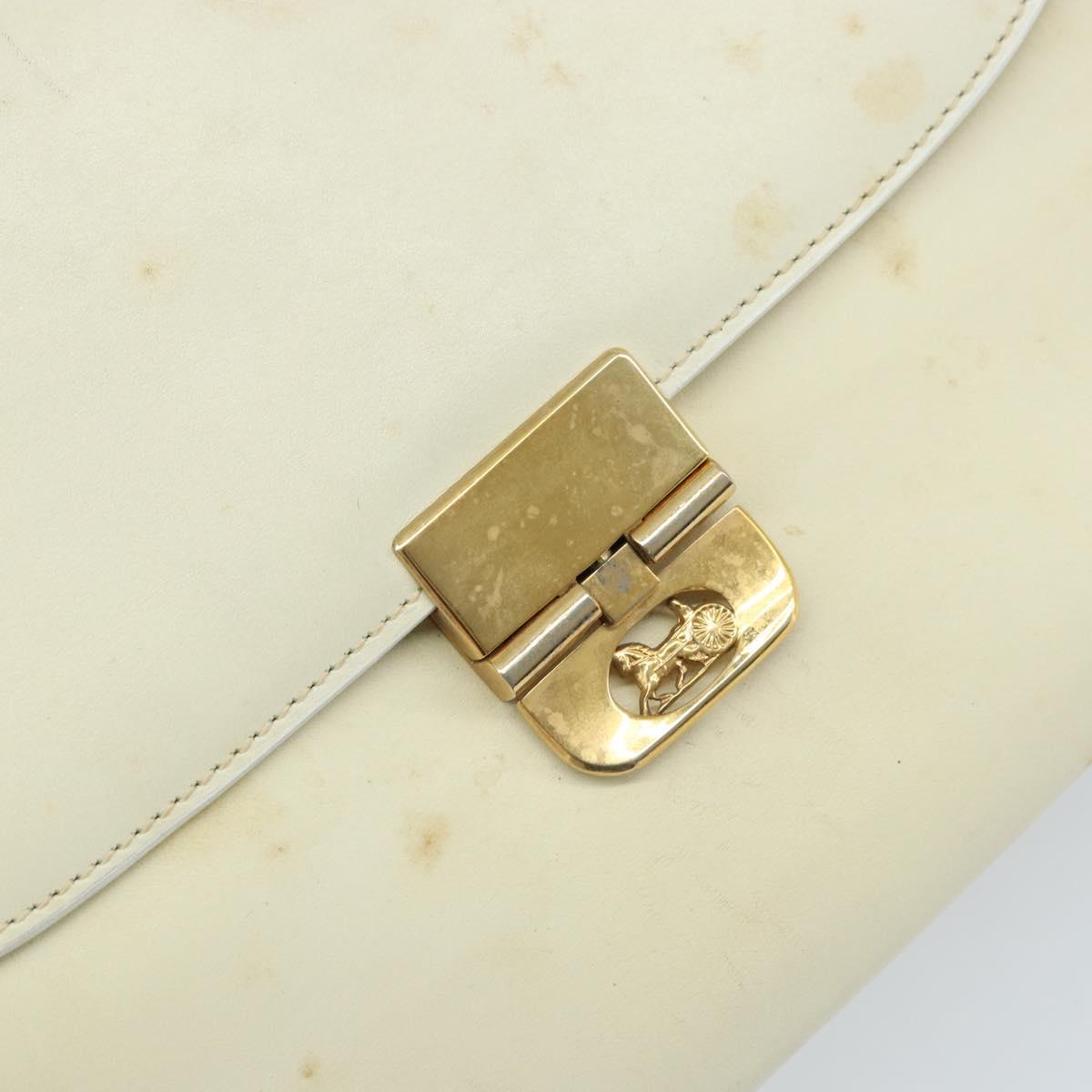 CELINE Macadam Canvas Horse Carriage Shoulder Bag Leather White Gold Auth 172964