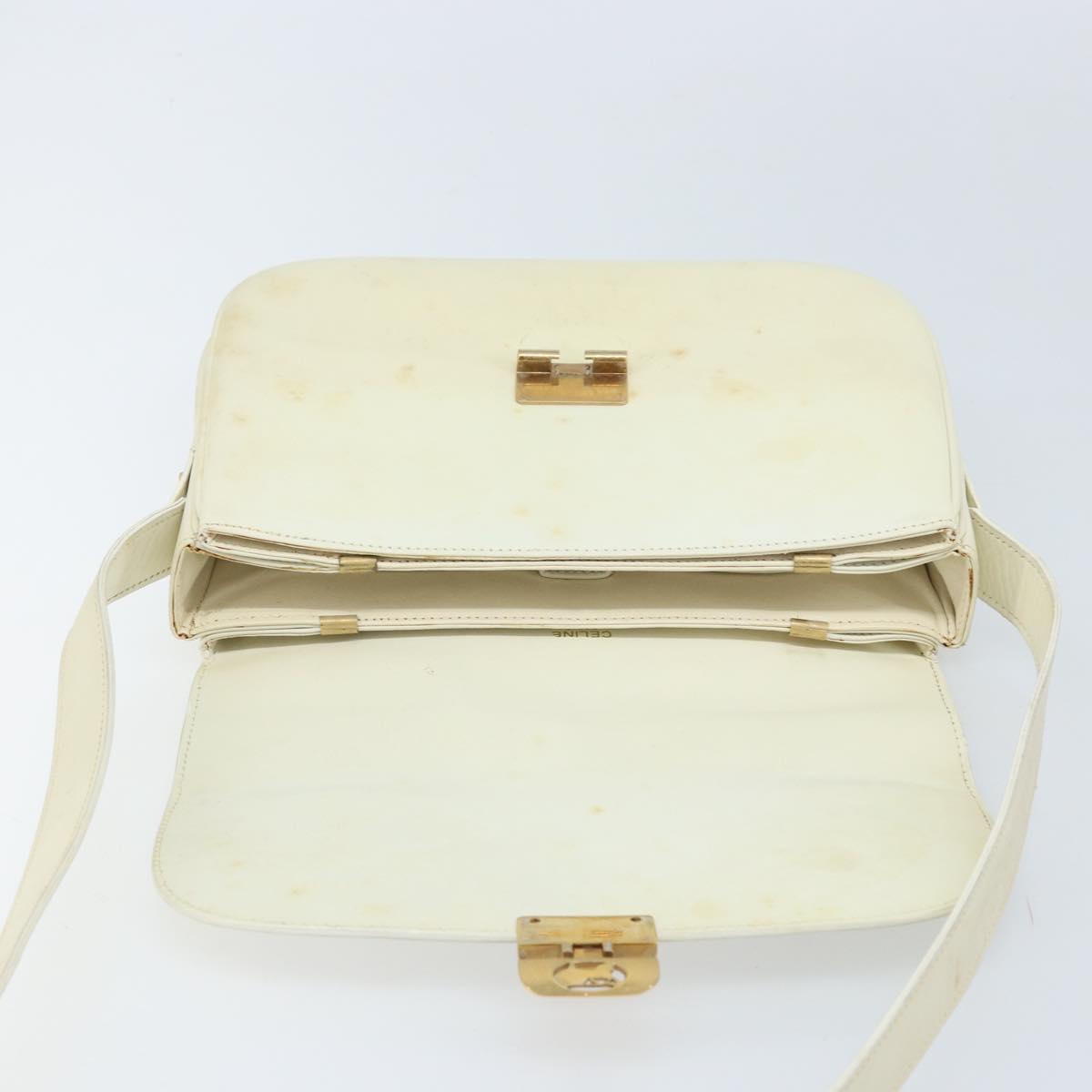 CELINE Macadam Canvas Horse Carriage Shoulder Bag Leather White Gold Auth 172964