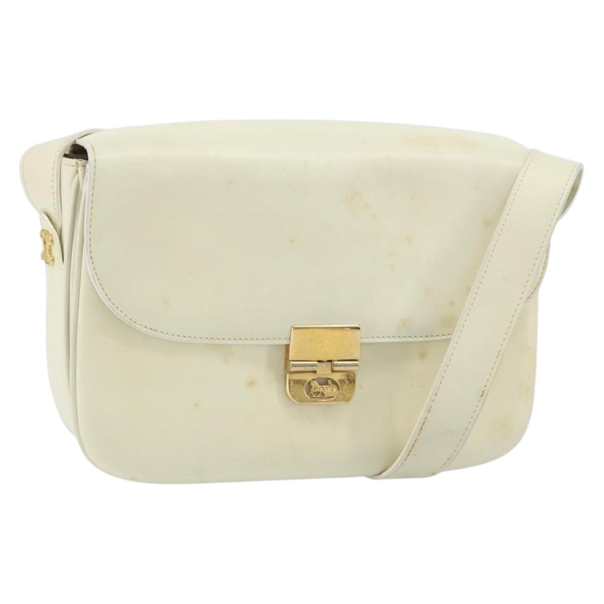 CELINE Macadam Canvas Horse Carriage Shoulder Bag Leather White Gold Auth 172964
