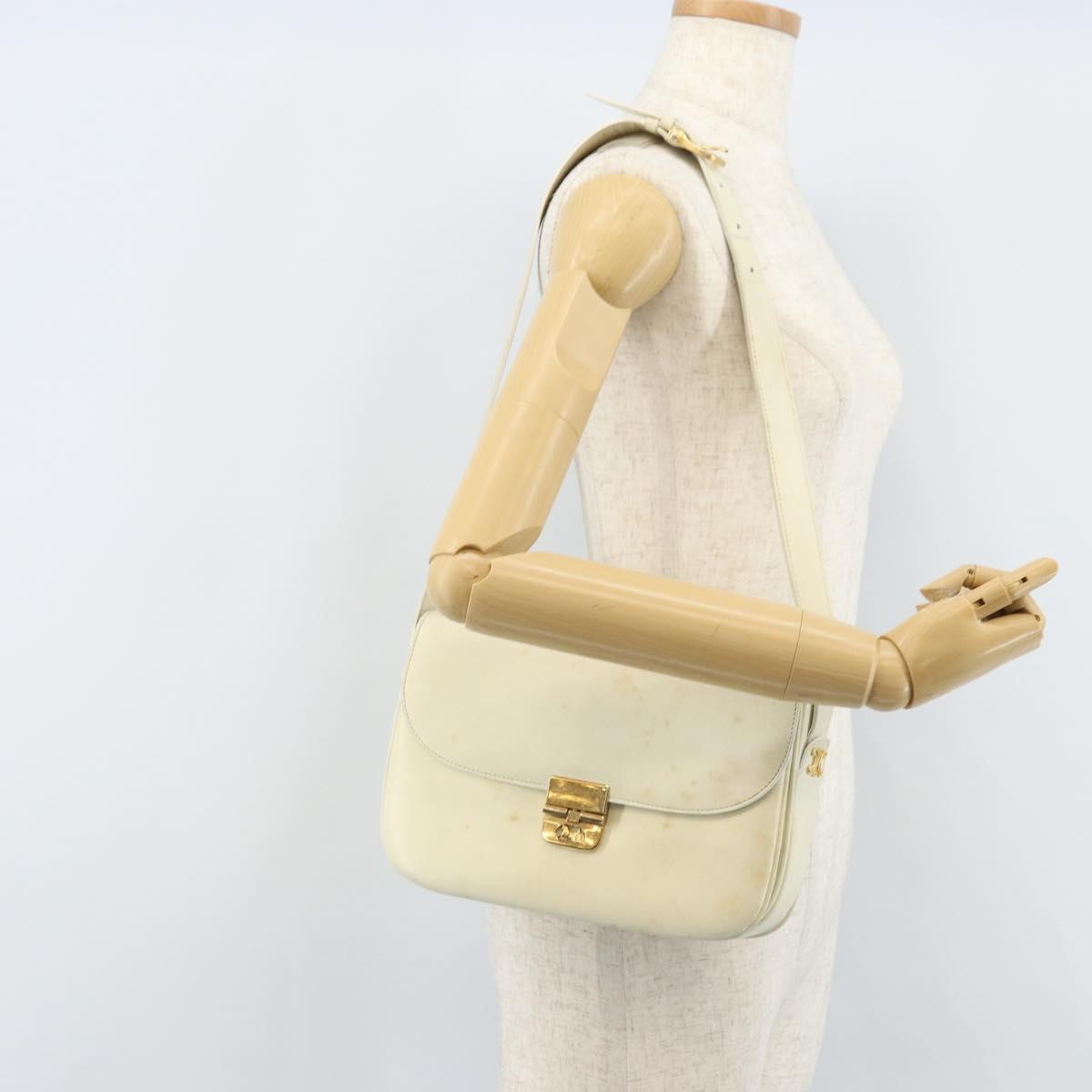 CELINE Macadam Canvas Horse Carriage Shoulder Bag Leather White Gold Auth 172964