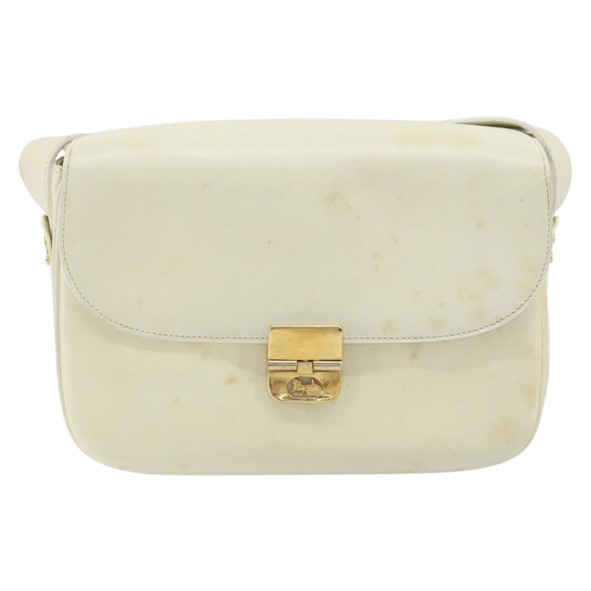 CELINE Macadam Canvas Horse Carriage Shoulder Bag Leather White Gold Auth 172964