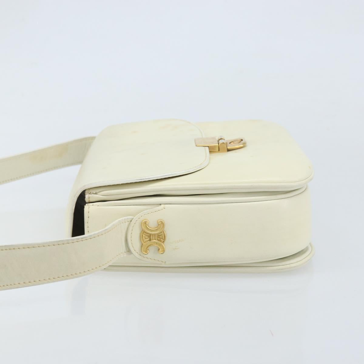 CELINE Macadam Canvas Horse Carriage Shoulder Bag Leather White Gold Auth 172964