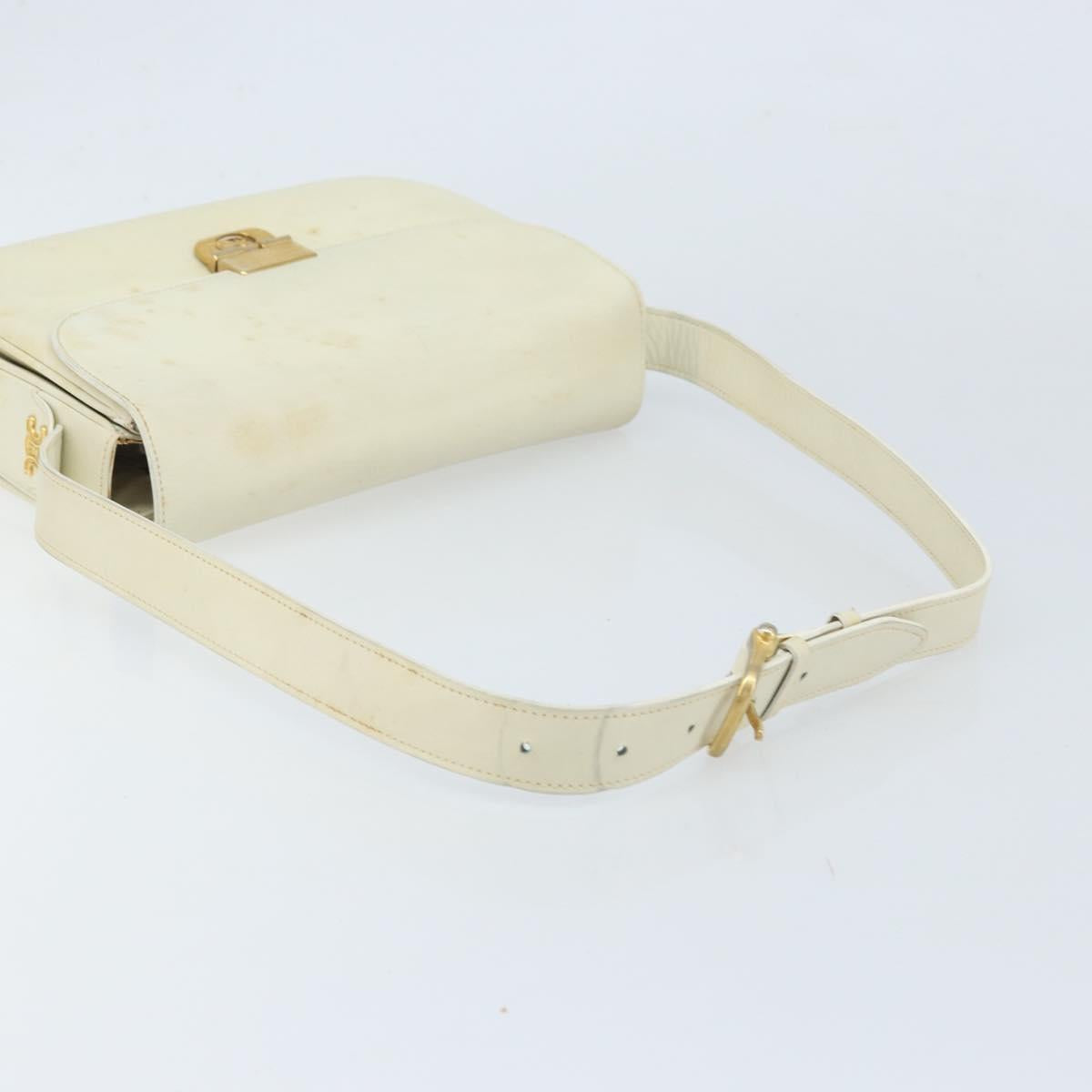 CELINE Macadam Canvas Horse Carriage Shoulder Bag Leather White Gold Auth 172964