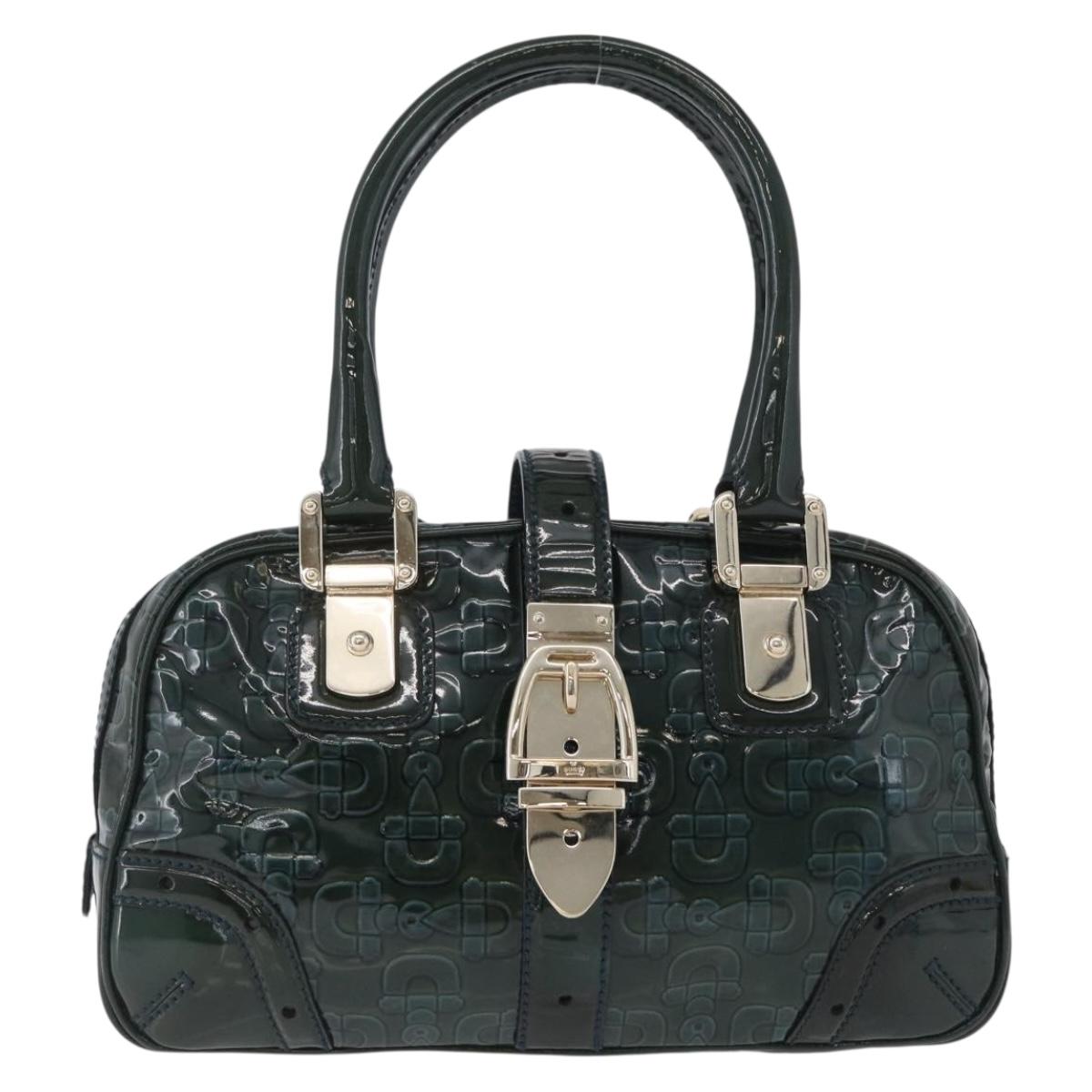 GUCCI Horsebit Hand Bag Patent leather Green Gold 145772 Auth 172977