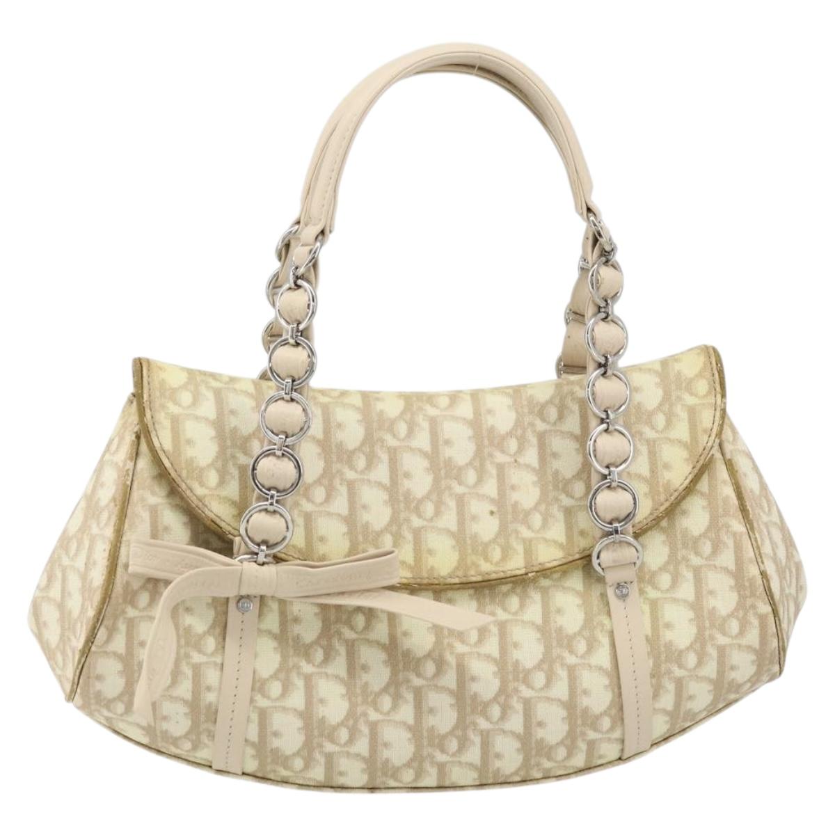 Christian Dior Trotter Canvas Chain Hand Bag PVC Beige Silver Auth 172988