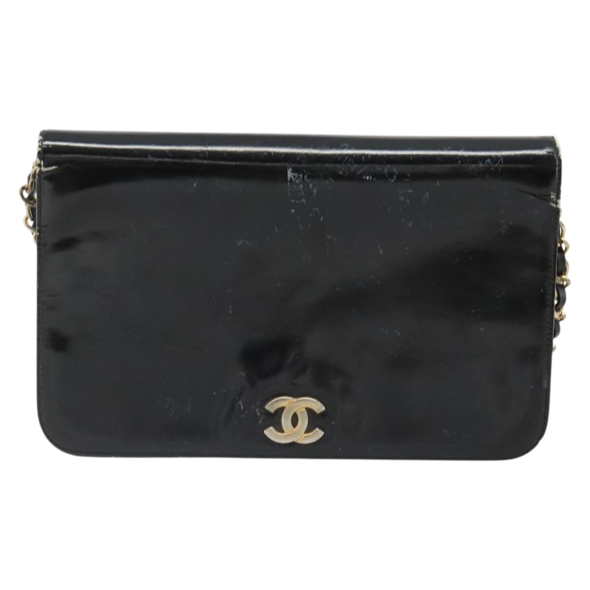 CHANEL Chain Shoulder Bag Patent leather Black Gold CC Auth 172993