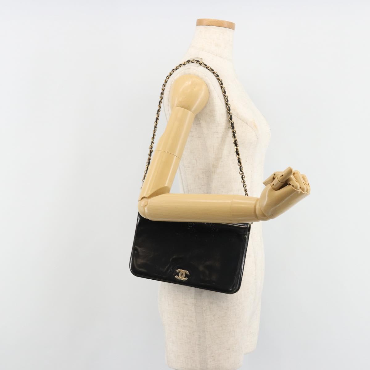 CHANEL Chain Shoulder Bag Patent leather Black Gold CC Auth 172993