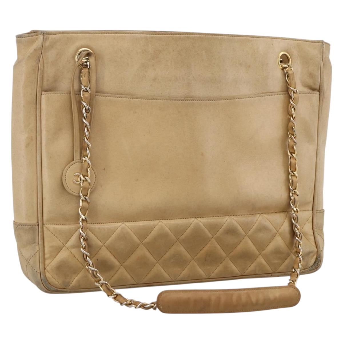 CHANEL Matelasse Chain Shoulder Bag Lamb Skin Beige Gold CC Auth 172997