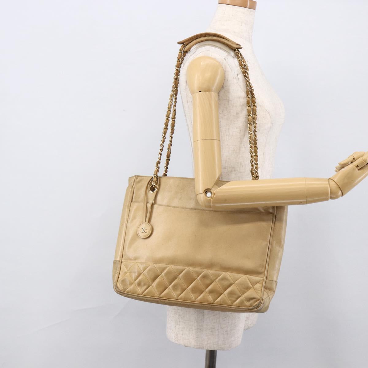 CHANEL Matelasse Chain Shoulder Bag Lamb Skin Beige Gold CC Auth 172997