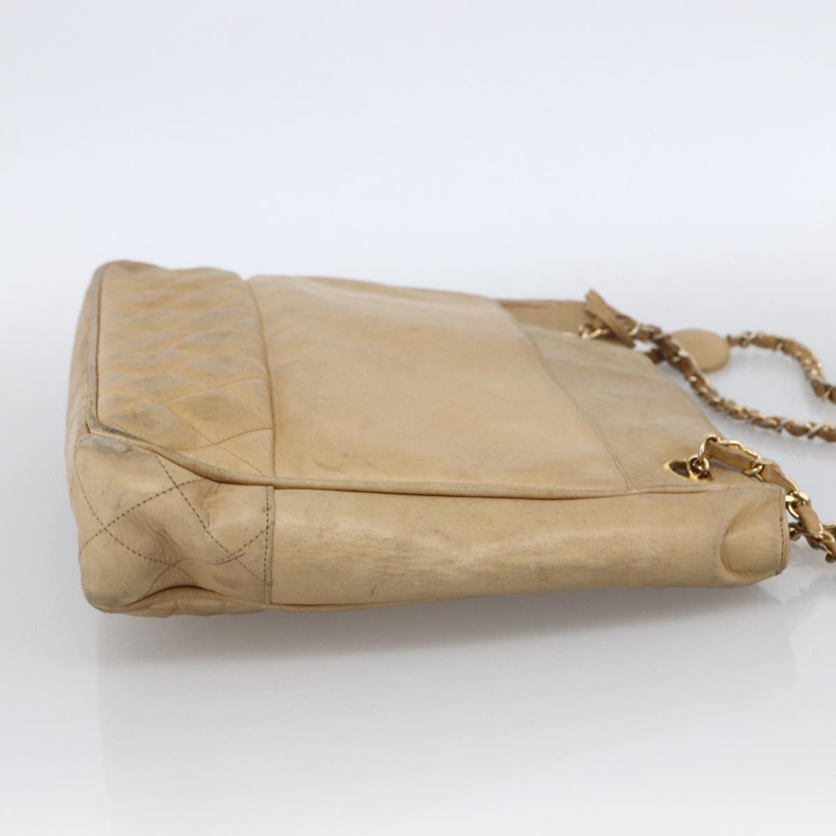 CHANEL Matelasse Chain Shoulder Bag Lamb Skin Beige Gold CC Auth 172997