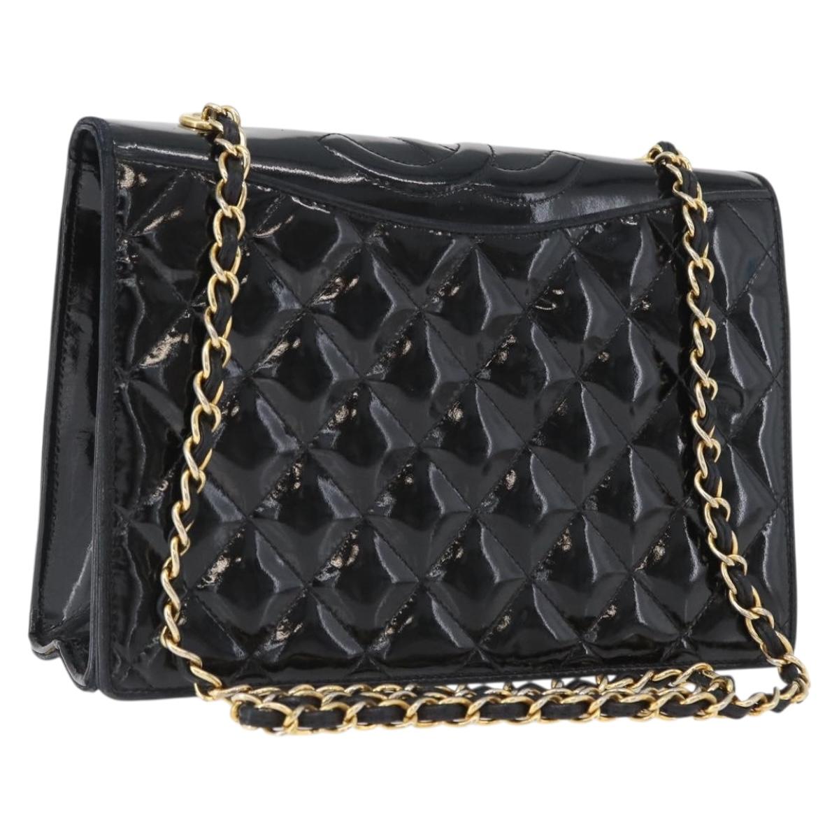 CHANEL Matelasse Chain Shoulder Bag Patent leather Black Gold CC Auth 173003