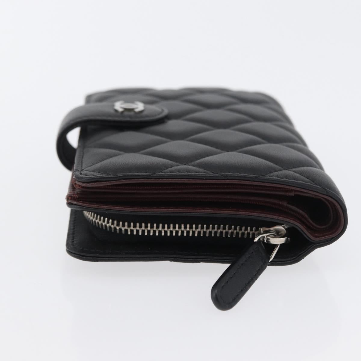 CHANEL Matelasse Bifold Wallet Lamb Skin Black Silver CC Auth 173017SAV