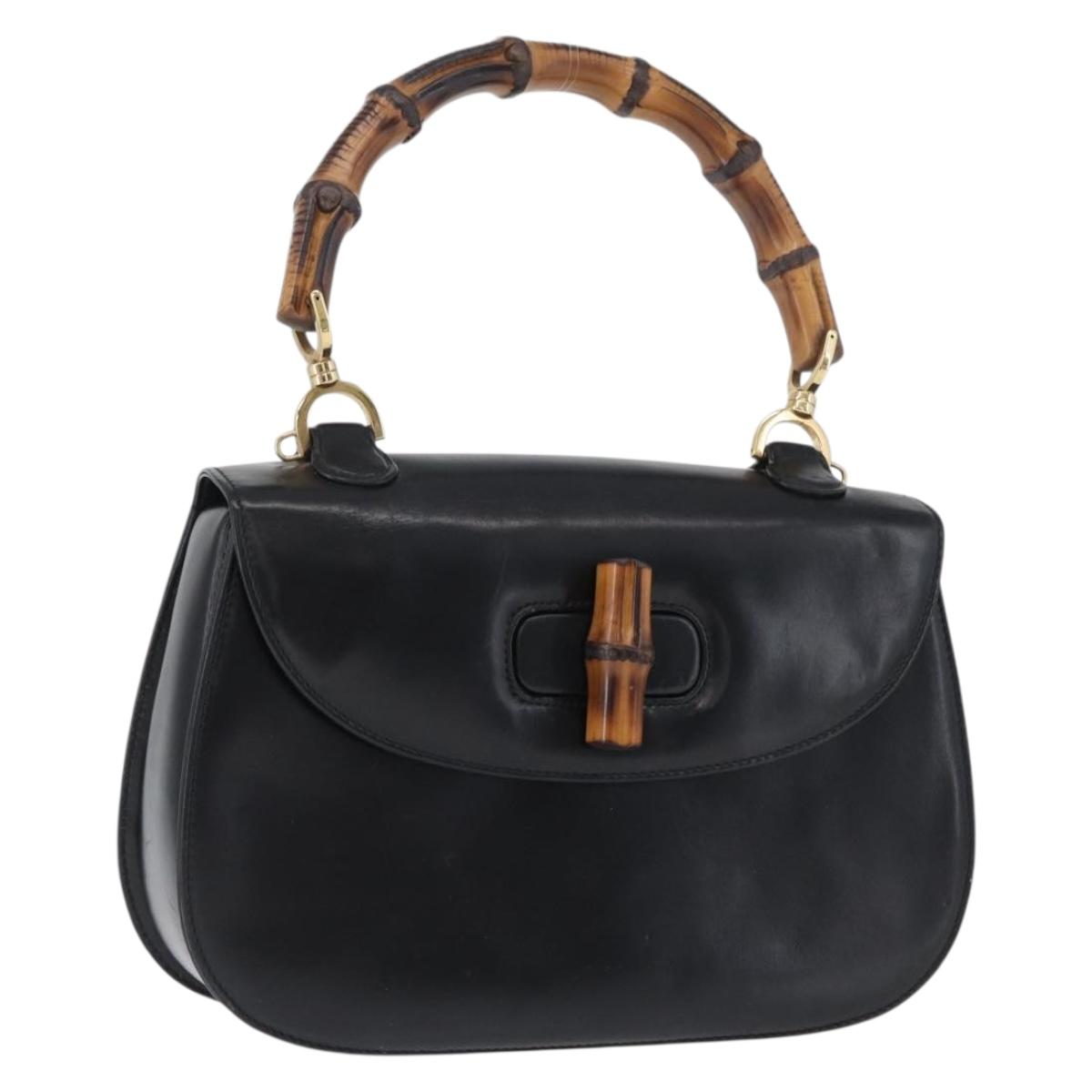 GUCCI Bamboo Hand Bag Leather Black Gold 000 1781 0633 Auth 173021