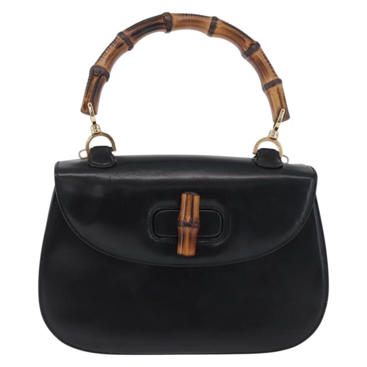 GUCCI Bamboo Hand Bag Leather Black Gold 000 1781 0633 Auth 173021