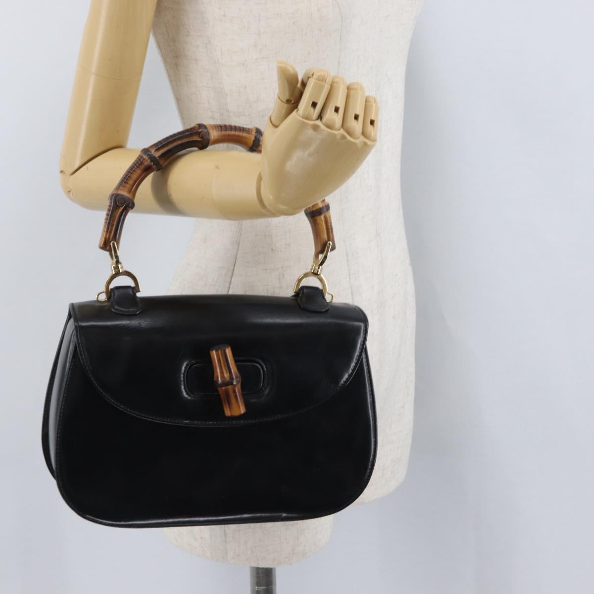 GUCCI Bamboo Hand Bag Leather Black Gold 000 1781 0633 Auth 173021