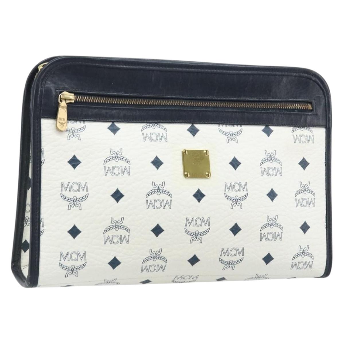 MCM Logogram Vicetos Clutch Bag PVC Leather White Gold Auth 173032A