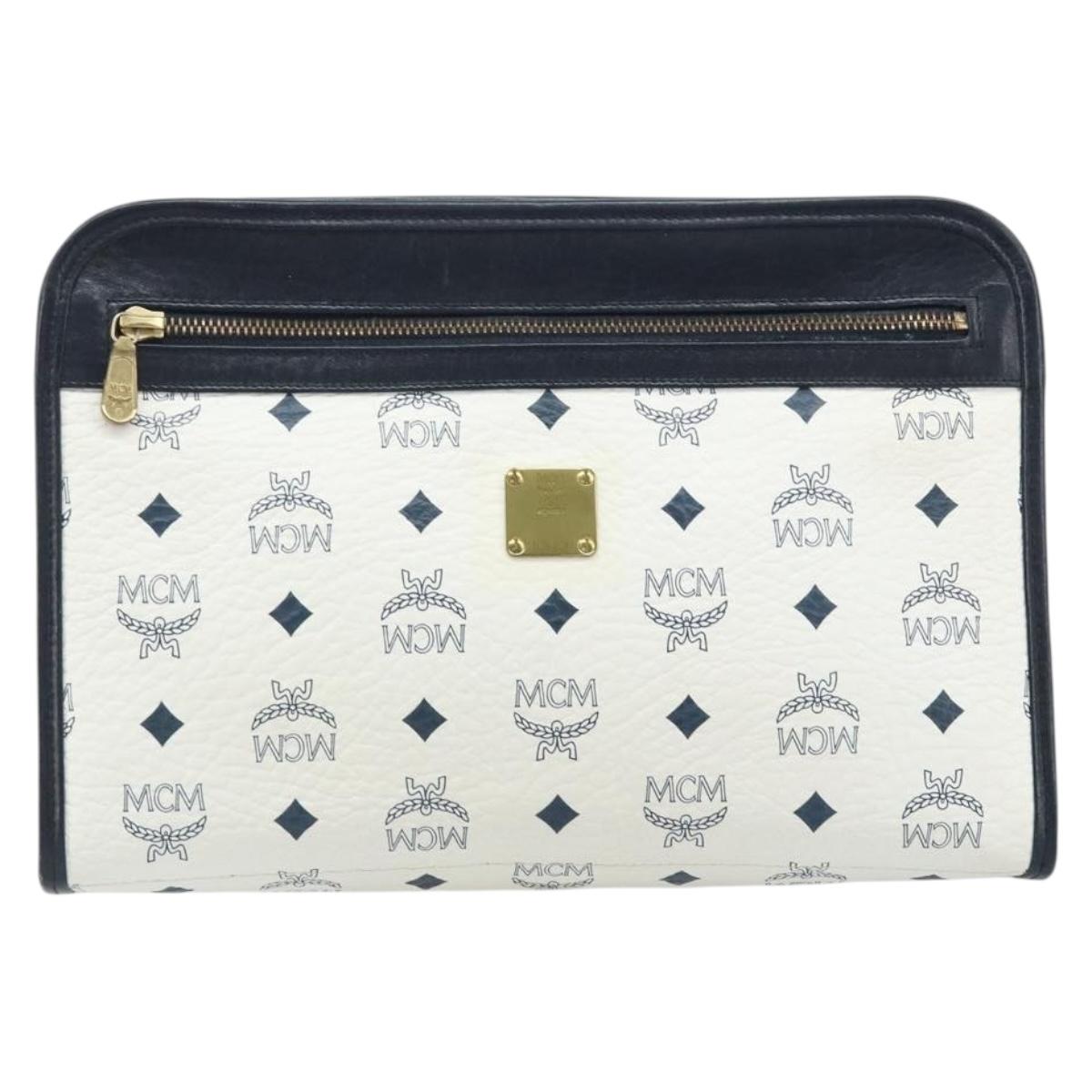 MCM Logogram Vicetos Clutch Bag PVC Leather White Gold Auth 173032A