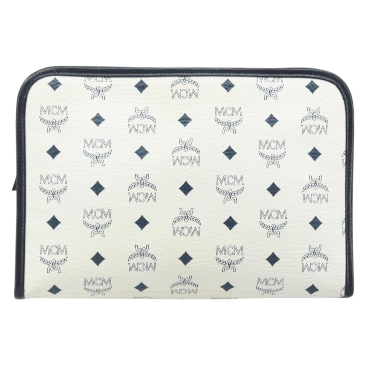 MCM Logogram Vicetos Clutch Bag PVC Leather White Gold Auth 173032A