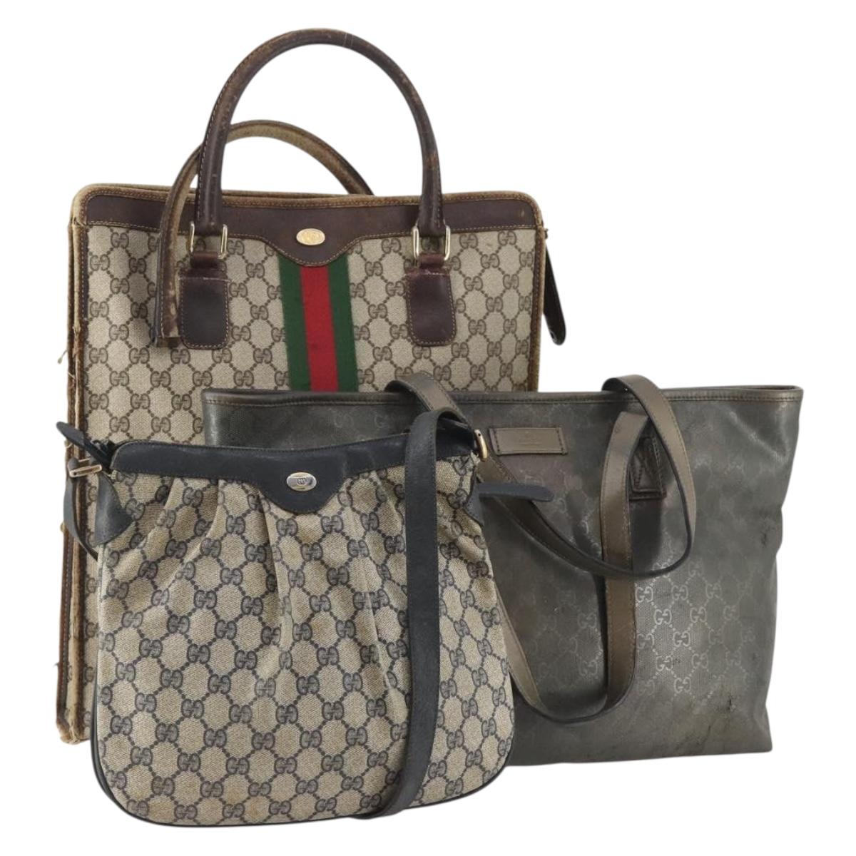 GUCCI GG Supreme Shoulder Bag PVC 3 Set Beige Navy Auth 173045