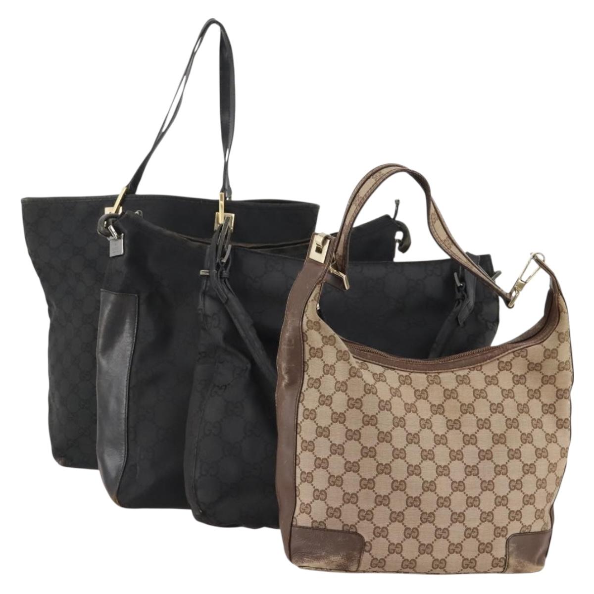 GUCCI GG Canvas Hand Bag Nylon 4 Set Beige Black Auth 173050