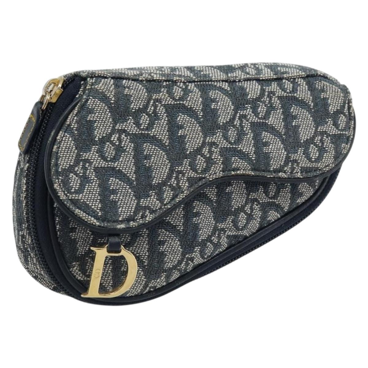 Christian Dior Trotter Canvas Saddle Pouch Navy Gold Auth 173140