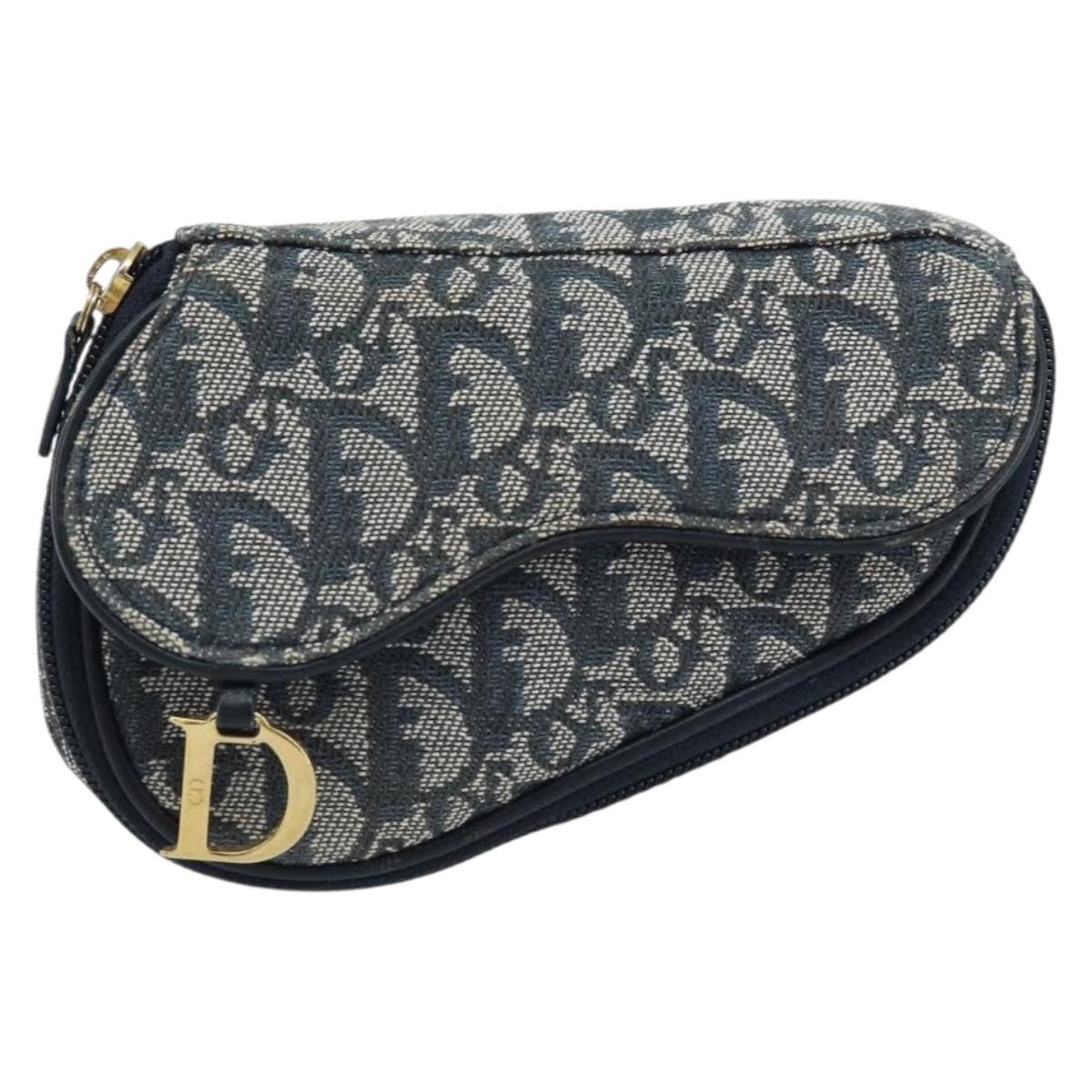 Christian Dior Trotter Canvas Saddle Pouch Navy Gold Auth 173140