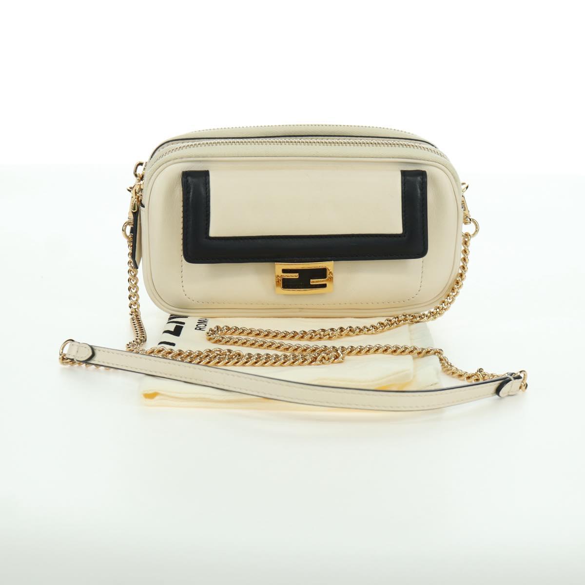 FENDI Easy Baguette Chain Shoulder Bag Leather Ivory Gold Auth 173156M