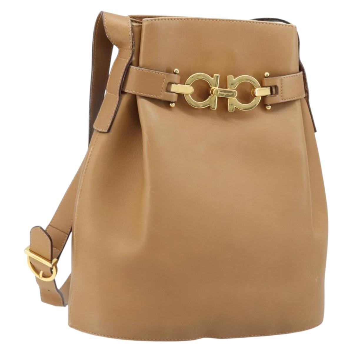 Salvatore Ferragamo Gancini Shoulder Bag Leather Beige Gold Auth 173160