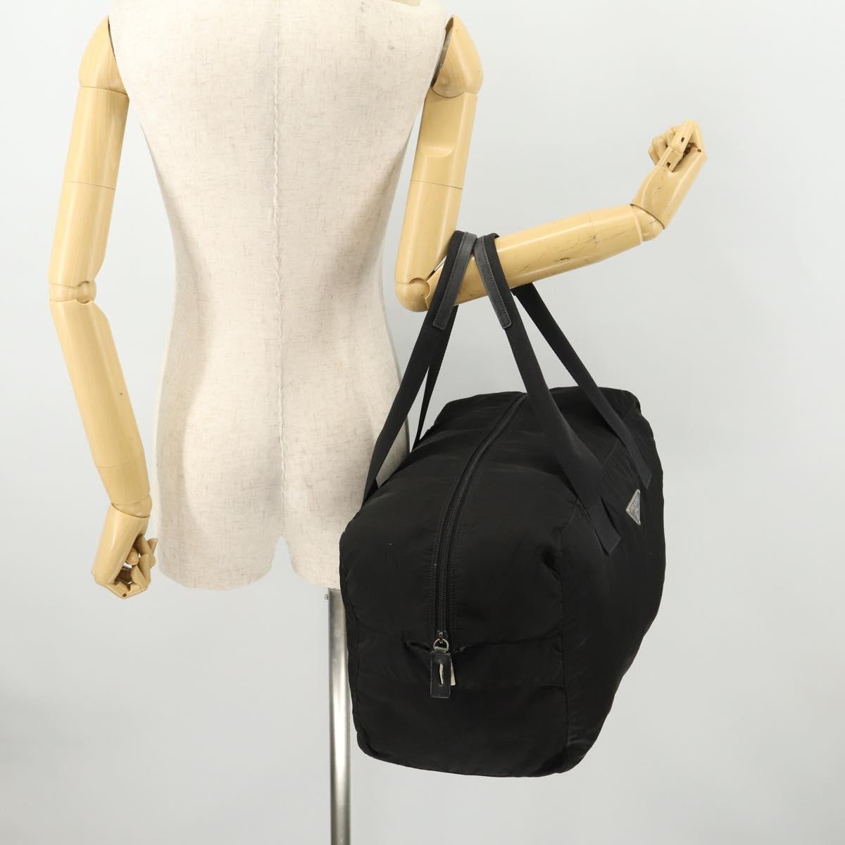 PRADA Boston Bag Nylon Black Silver Auth 173182