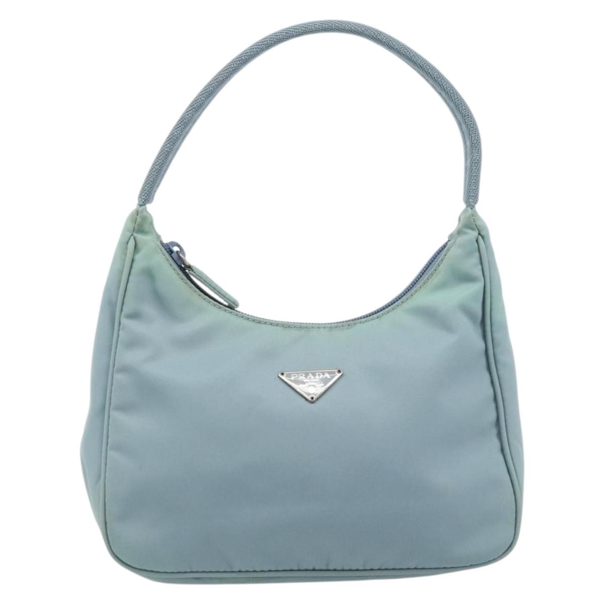 PRADA Hand Pouch Nylon Light Blue Silver Auth 173191A