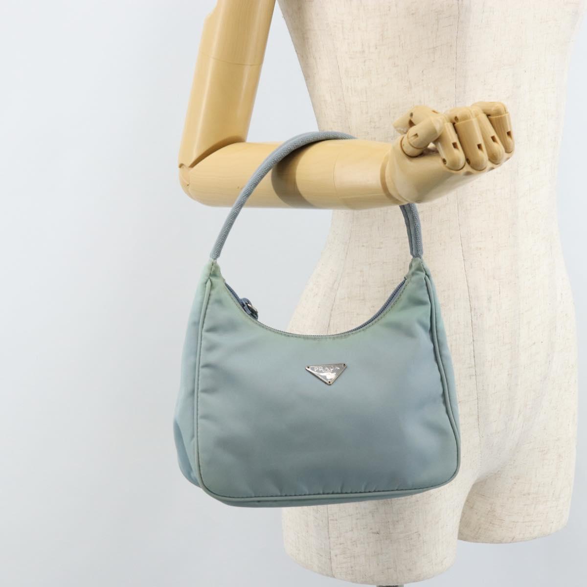 PRADA Hand Pouch Nylon Light Blue Silver Auth 173191A