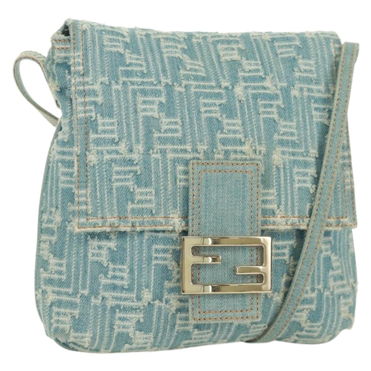 FENDI Zucca Canvas Mamma Baguette Shoulder Bag Light Blue Gold Auth 173198V