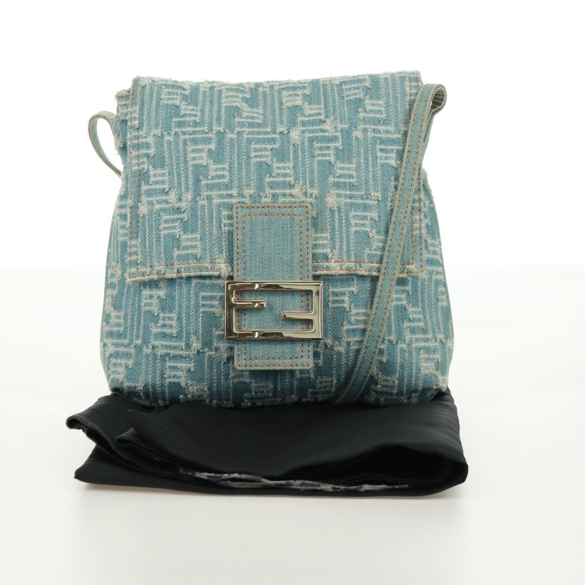FENDI Zucca Canvas Mamma Baguette Shoulder Bag Light Blue Gold Auth 173198V