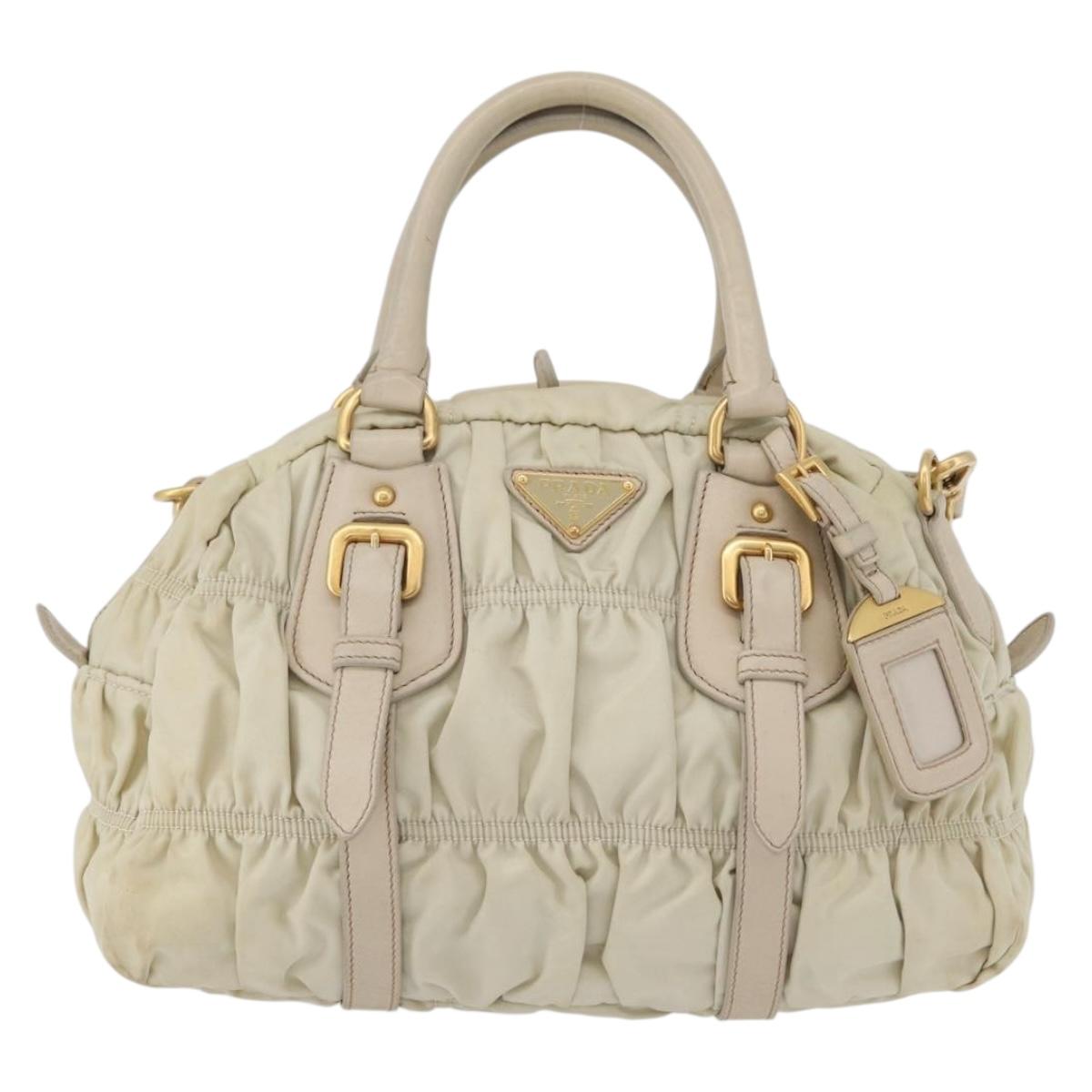 PRADA Gathered Hand Bag Nylon 2way Ivory Gold Auth 173201