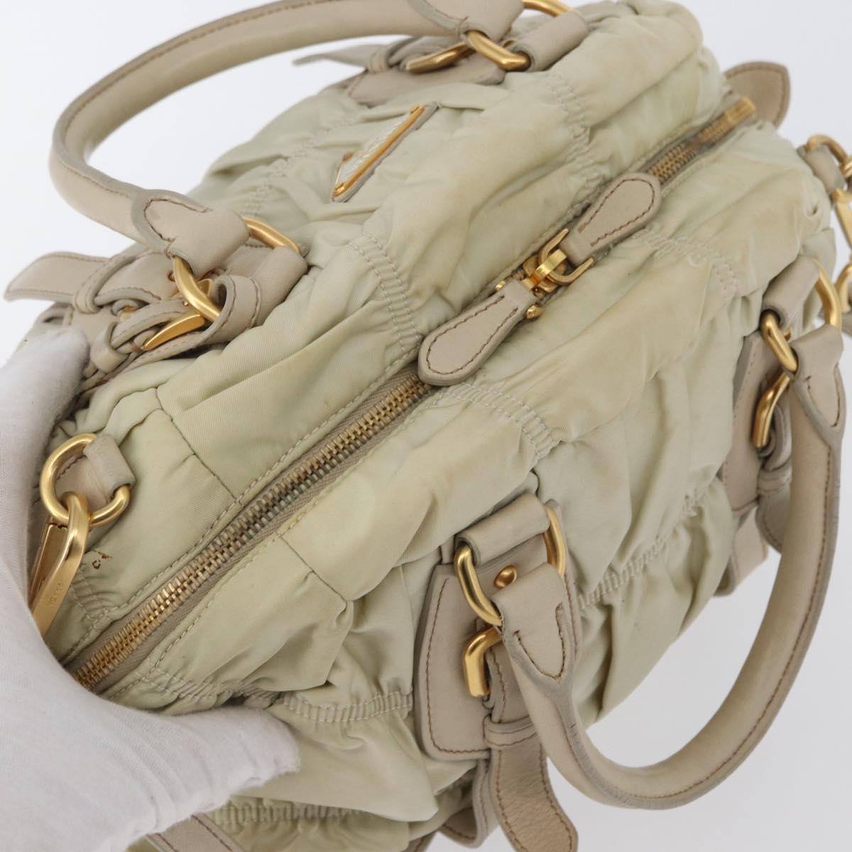 PRADA Gathered Hand Bag Nylon 2way Ivory Gold Auth 173201