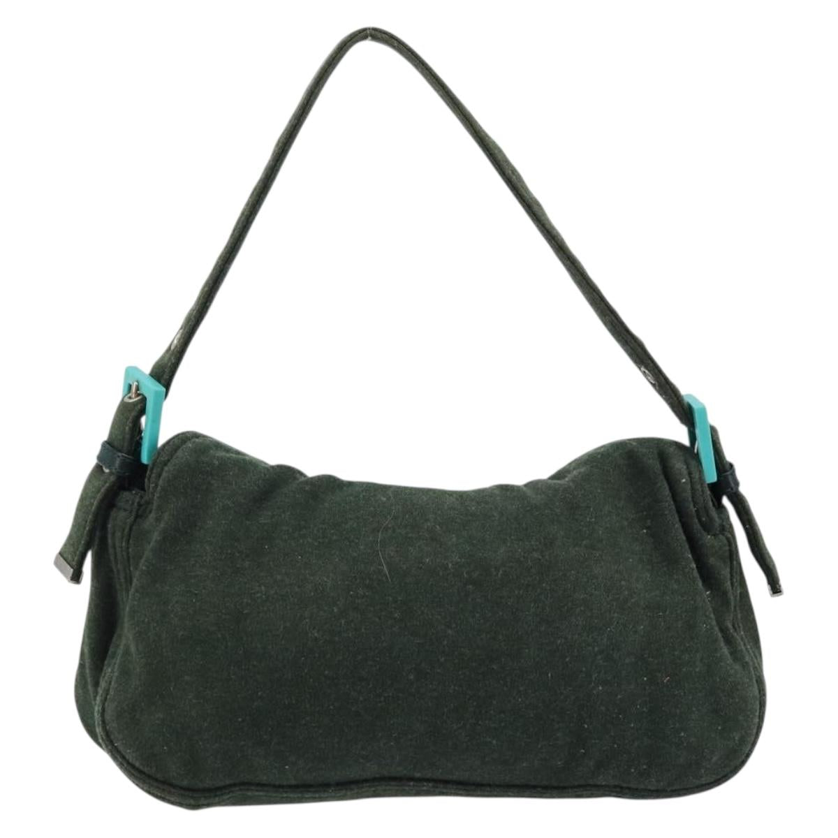 FENDI Mamma Baguette Shoulder Bag Cotton Green Silver Auth 173205