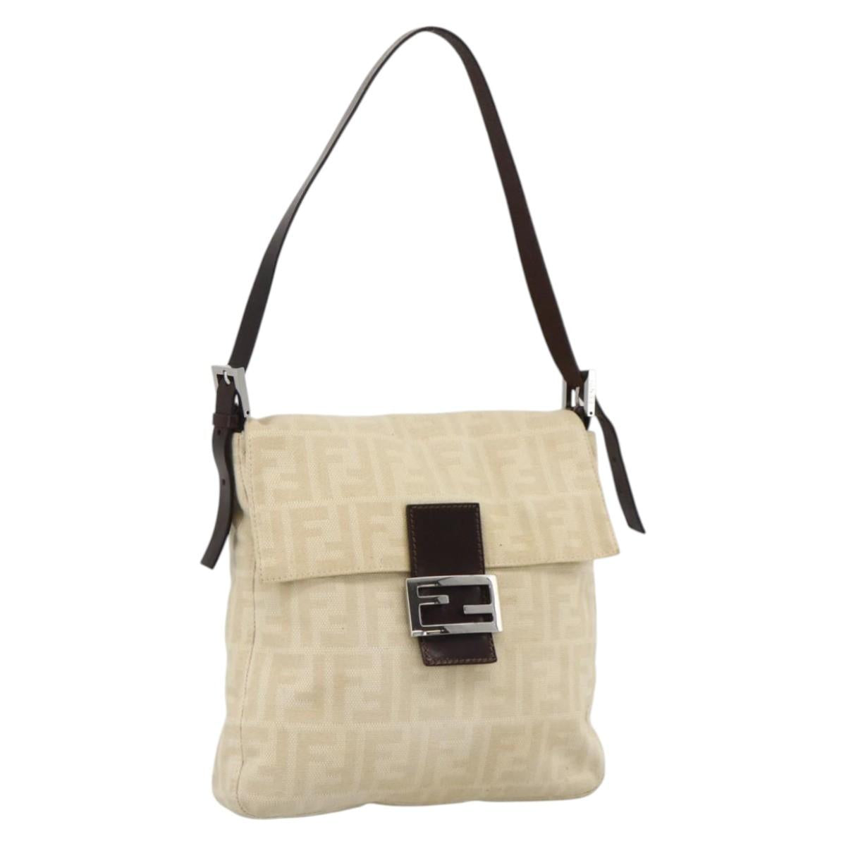 FENDI Zucca Canvas Mamma Baguette Shoulder Bag Beige Silver Auth 173212
