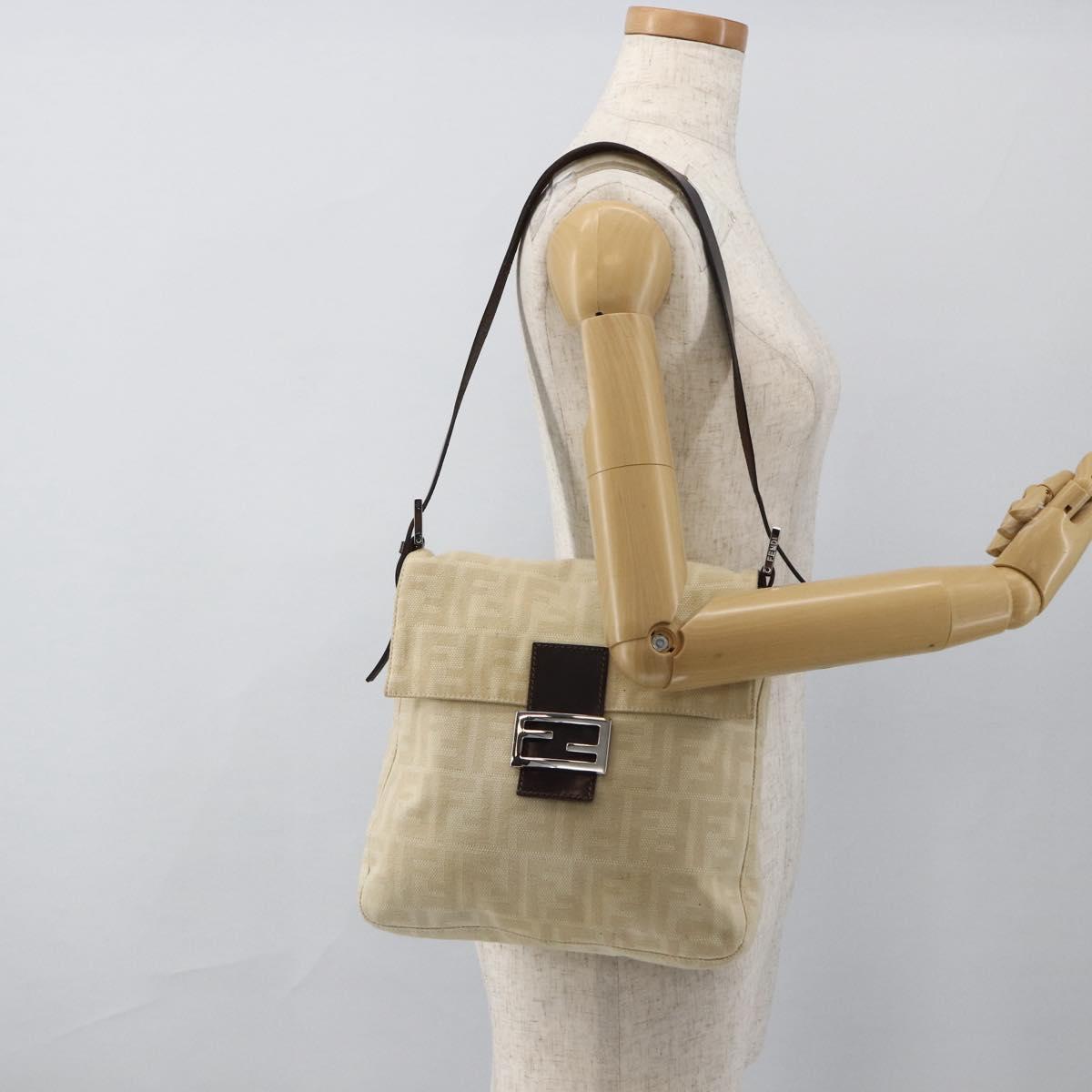 FENDI Zucca Canvas Mamma Baguette Shoulder Bag Beige Silver Auth 173212