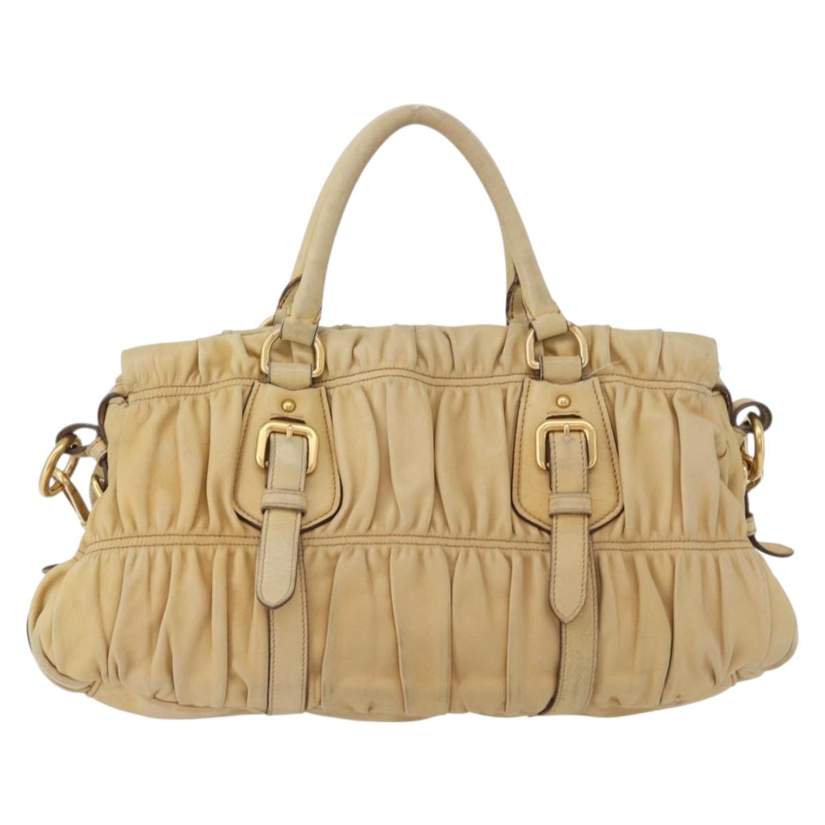 PRADA Hand Bag Leather 2way Ivory Gold Auth 173213