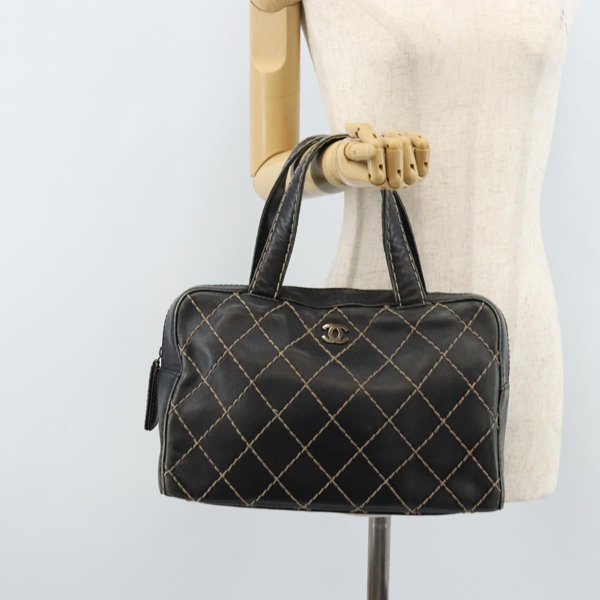 CHANEL Wild Stitch Hand Bag Leather Black CC Auth 173219