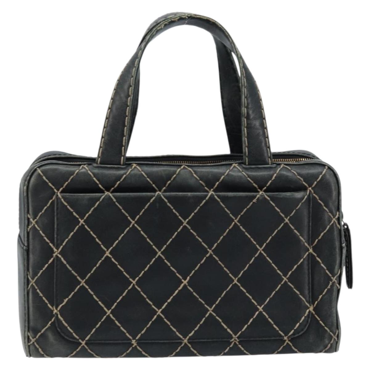 CHANEL Wild Stitch Hand Bag Leather Black CC Auth 173219