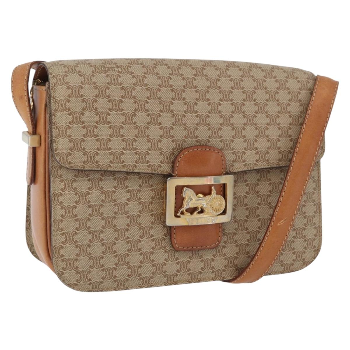 CELINE Macadam Canvas Horse Carriage Shoulder Bag Beige Gold Auth 173246