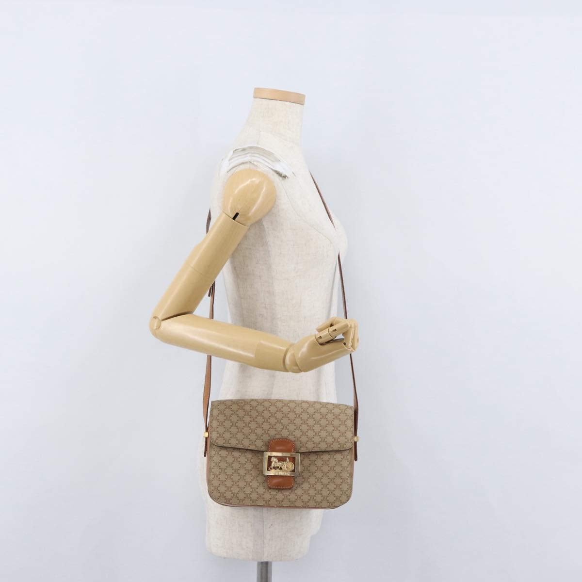 CELINE Macadam Canvas Horse Carriage Shoulder Bag Beige Gold Auth 173246