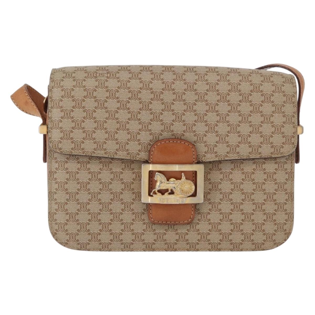 CELINE Macadam Canvas Horse Carriage Shoulder Bag Beige Gold Auth 173246